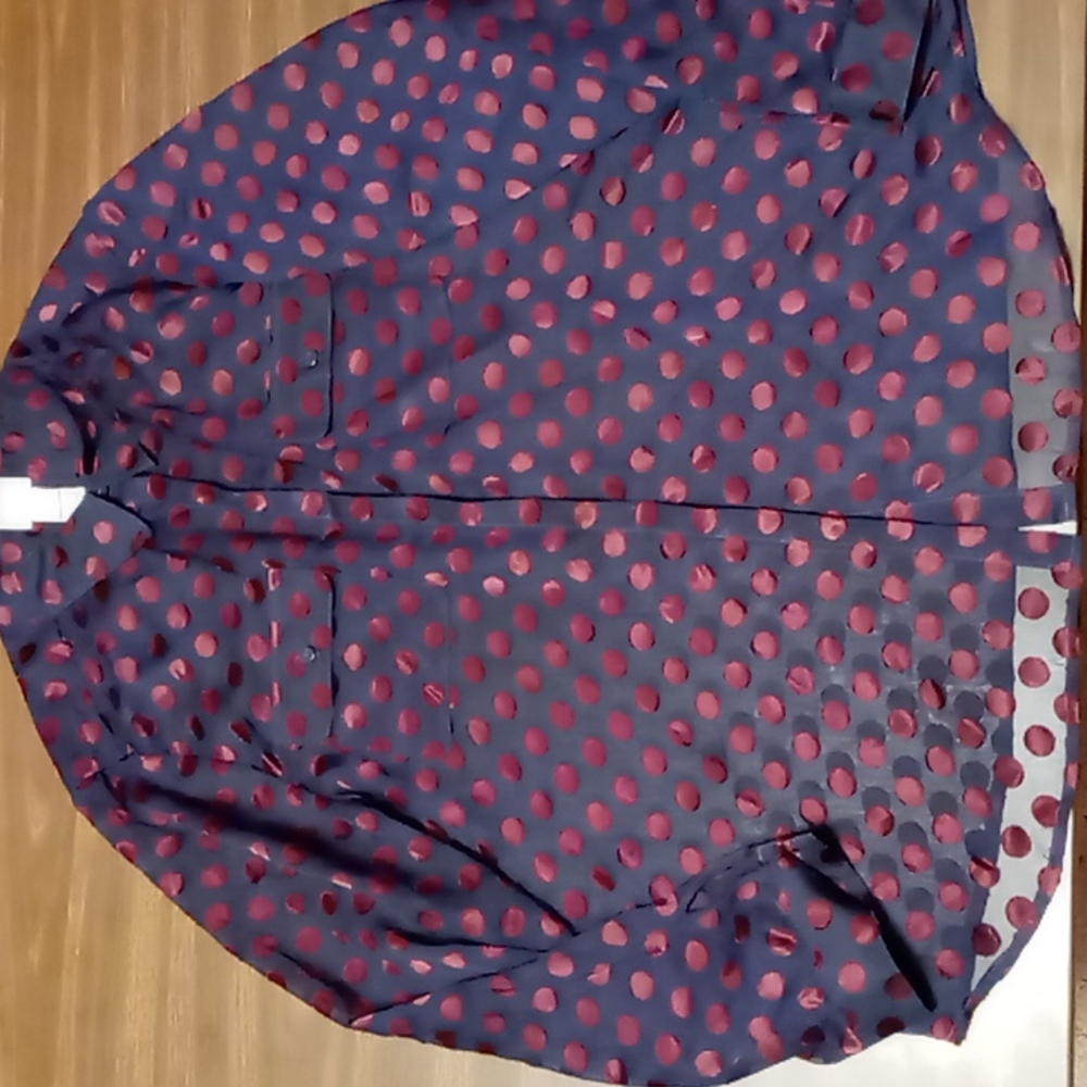 Chico's Navy Sheer Blouse with Burgundy Polka Dots